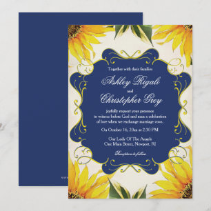 Faire-part de mariage de bleu marine de tournesol