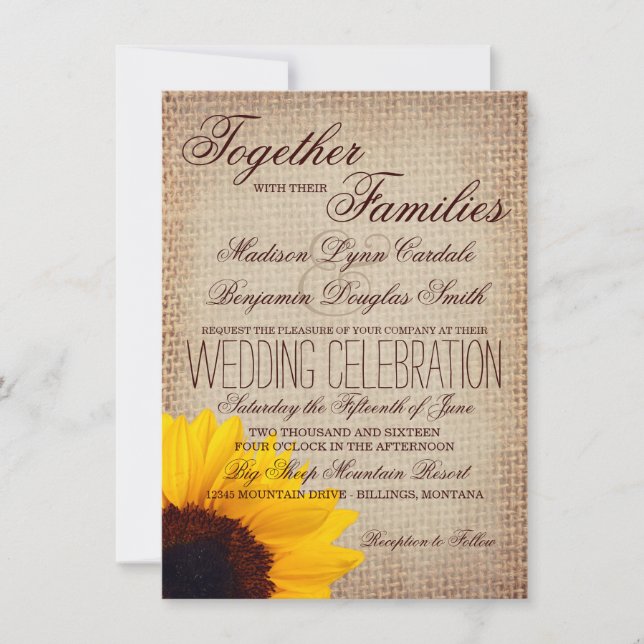 Faire-part de mariage de Burlap de tournesol rusti (Devant)