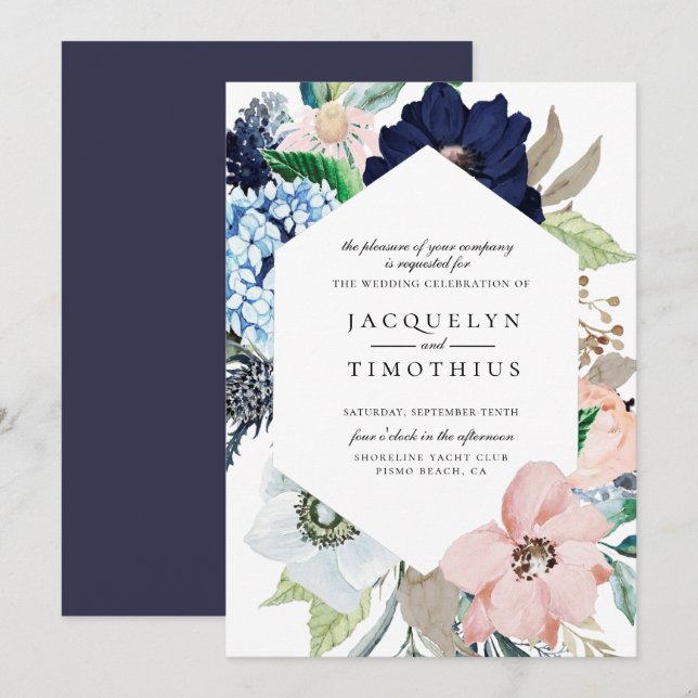 Faire-part de mariage de cadre floral de la marine (Devant / Derrière)