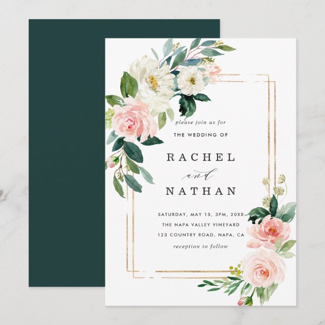 Faire-part de mariage de cadre or à fleurs blanche (Devant / Derrière)