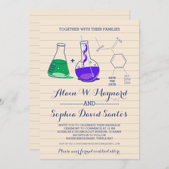 Faire-part de mariage de chimie violet et vert (Devant / Derrière)