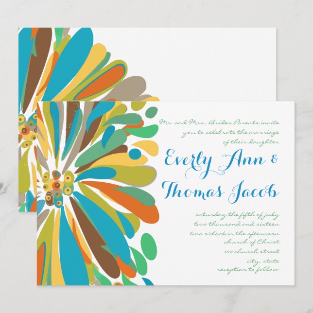 Faire-part de mariage de chrysanthème bleu et vert (Devant / Derrière)
