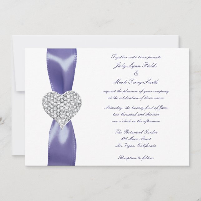 Faire-part de mariage de coeur couleur bleu violet (Devant)
