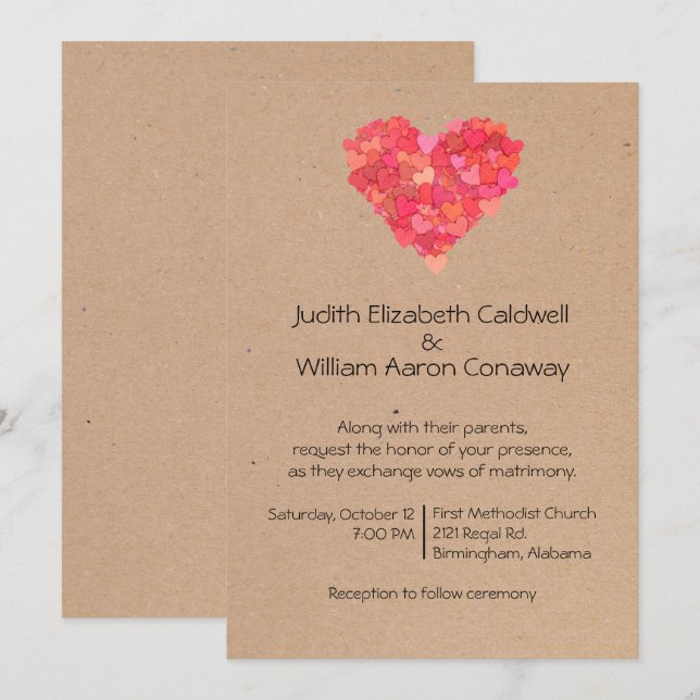 Faire-part de mariage de coeur d'artisanat (Devant / Derrière)