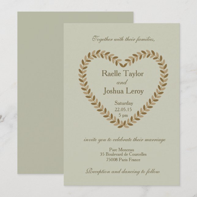 Faire-part de mariage de coeur d'épinette de feuil (Devant / Derrière)