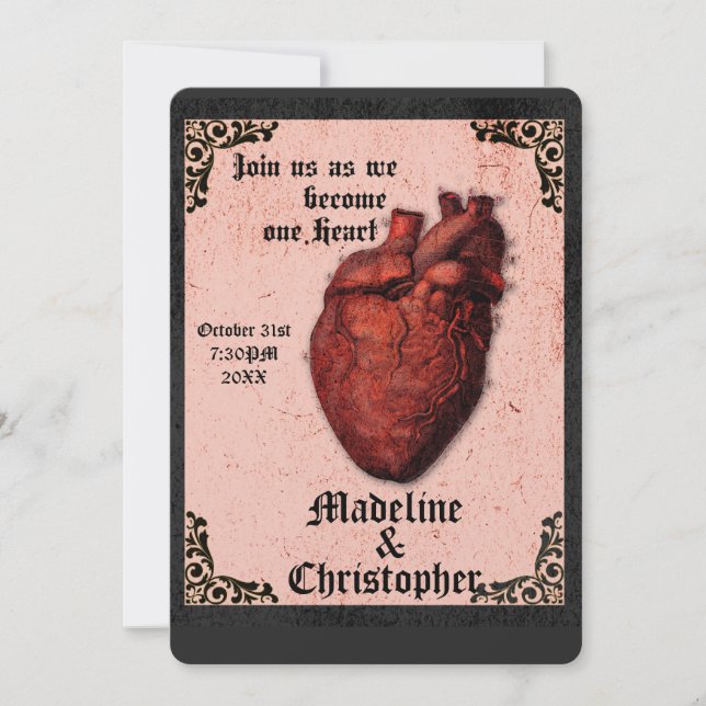 Faire-part de mariage de coeur gothique rouge noir (Devant)