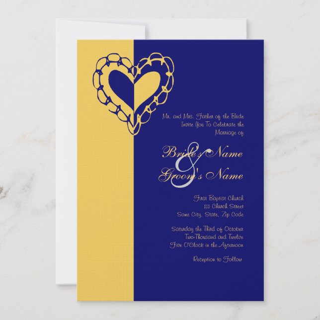 Faire-part de mariage de coeur jaune et bleu (Devant)