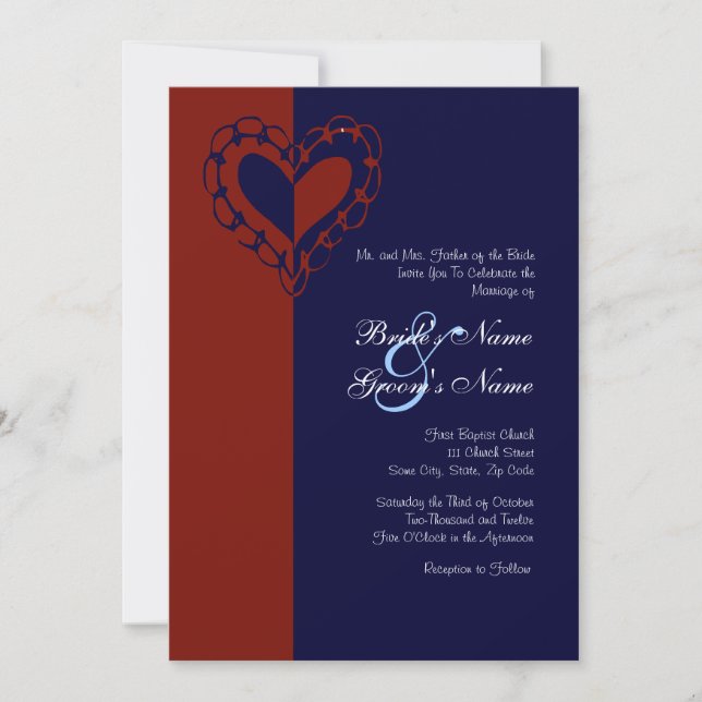 Faire-part de mariage de coeur rouge, blanc et ble (Devant)