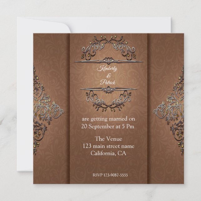 Faire-part de mariage de conception Damas Brown (Devant)