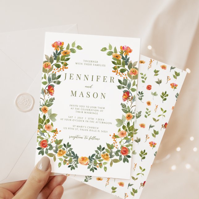 Faire-part de mariage de couronne de fleurs orange (Créateur téléchargé)