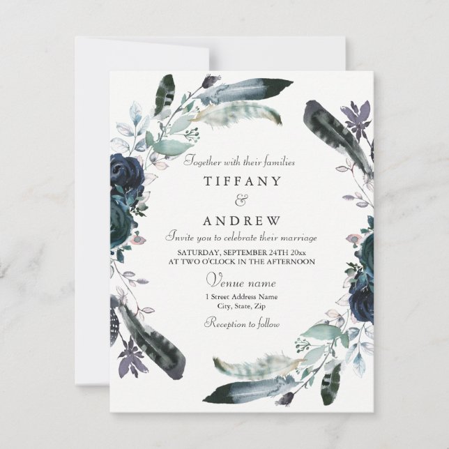 Faire-part de mariage de couronnes de fleurs bleu  (Devant)