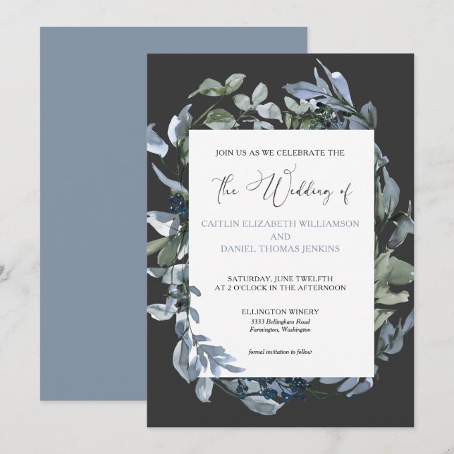 Faire-part de mariage de couronnes florales bleu c (Devant / Derrière)