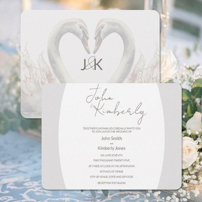 Faire-part de mariage de cygnes romantiques (Romantic Swans Wedding Invitation (front and back))