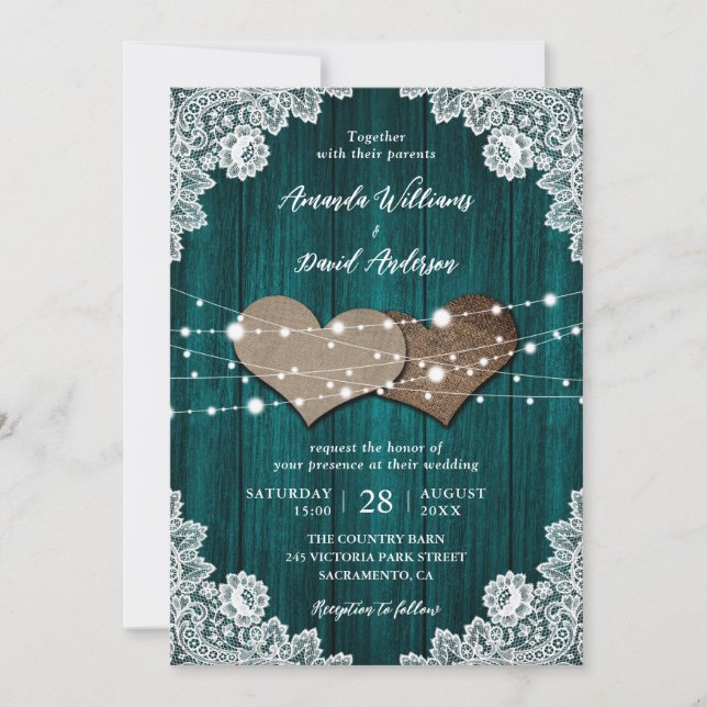 Faire-part de mariage de dentelle en bois Turquois (Devant)