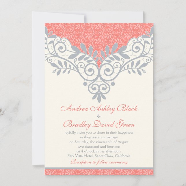 Faire-part de mariage de dentelle gris argenté vin (Devant)