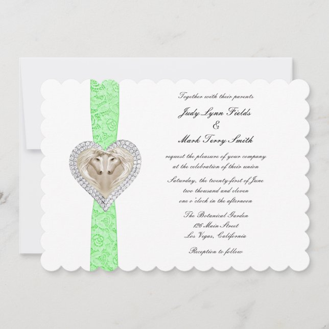 Faire-part de mariage de dentelle verte Unicorne (Devant)