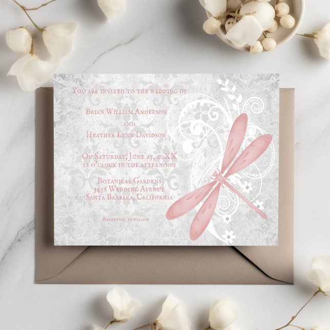 Faire-part de mariage de dragonette rose (Pink Dragonfly Wedding Invitation)