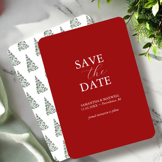 Faire-part de mariage de fêtes "Save the Date" (Holiday wedding save the date invitations watercolor Christmas trees art by Victoria Grigaliunas)