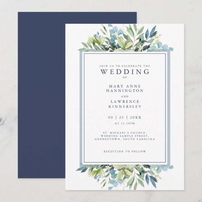 Faire-part de mariage de feuillage bleu-vert (Devant / Derrière)
