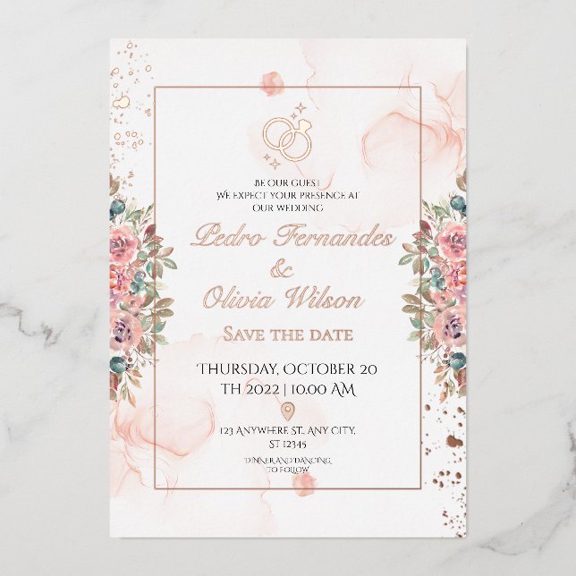 Faire-part de mariage de feuille d'or rose moderne (Recto)