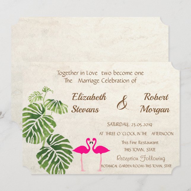 Faire-part de mariage de Flamants roses tropicaux (Devant / Derrière)