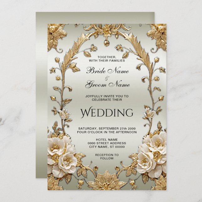 Faire-part de mariage de fleurs blanches dorées (Devant / Derrière)