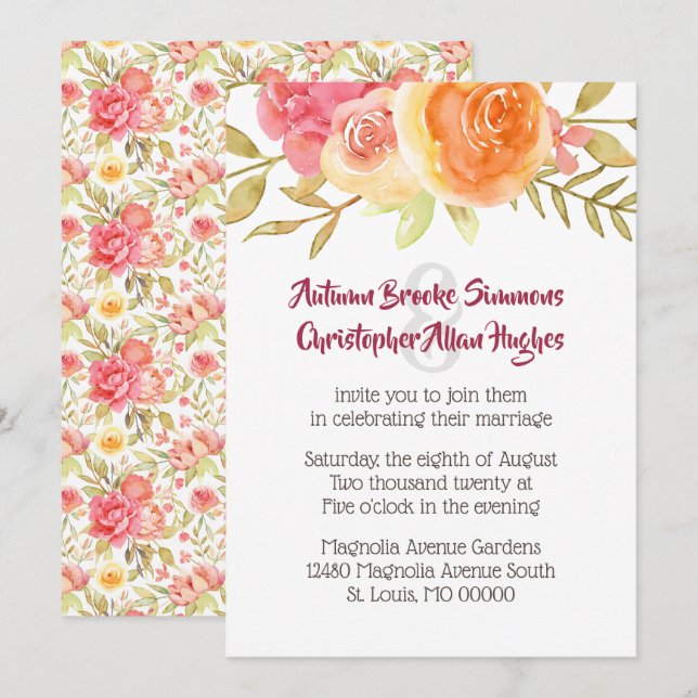 Faire-part de mariage de fleurs d'aquarelle Pastel (Devant / Derrière)
