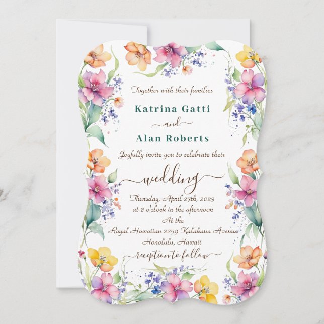 Faire-part de mariage de fleurs jaunes rose-rose (Devant)