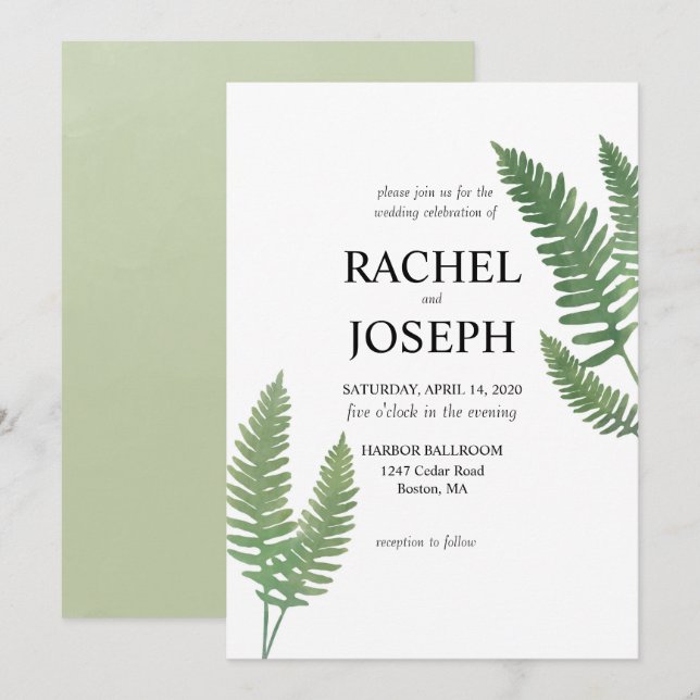 Faire-part de mariage de fougère aquarelle (Devant / Derrière)