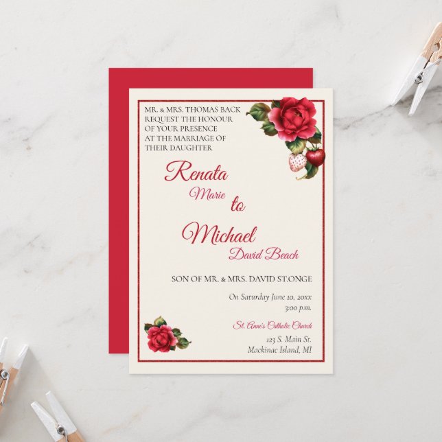 Faire-part de mariage de fraises et de roses rouge (Devant/Arrière en situation)