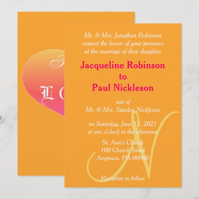 Faire-part de mariage de framboise orangé Monogram (Devant / Derrière)