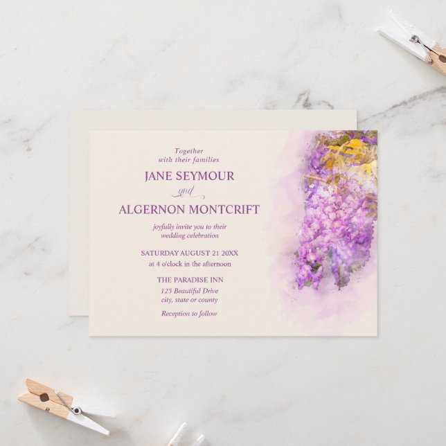 Faire-part de mariage de glycine à l'aquarelle (Devant/Arrière en situation)