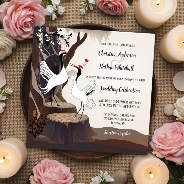 Faire-part de mariage de la forêt de grues japonai (Whimsical wedding invitation featuring a drawing of two Japanese cranes in love in a rustic forest)
