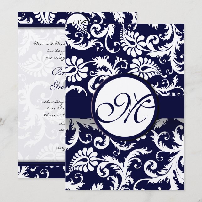 Faire-part de mariage de la Marine Damask Swils (Devant / Derrière)