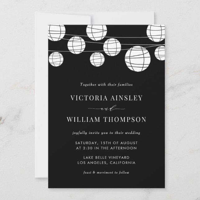 Faire-part de mariage de lanternes en papier noir  (Devant)