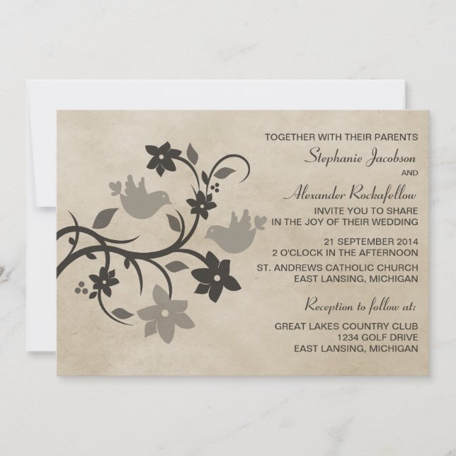 Faire-part de mariage de lovebirds floral gris (Devant)