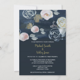 Faire-part de mariage de marine florale et d'or