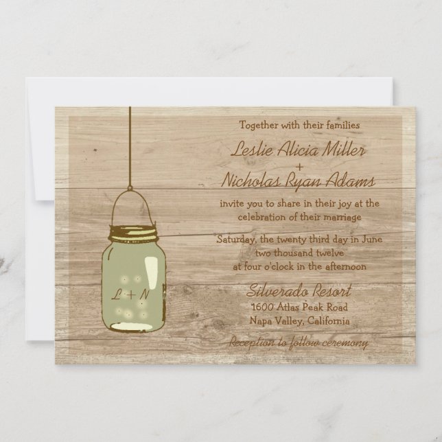 Faire-part de mariage de Mason Jar en bois rustiqu (Devant)