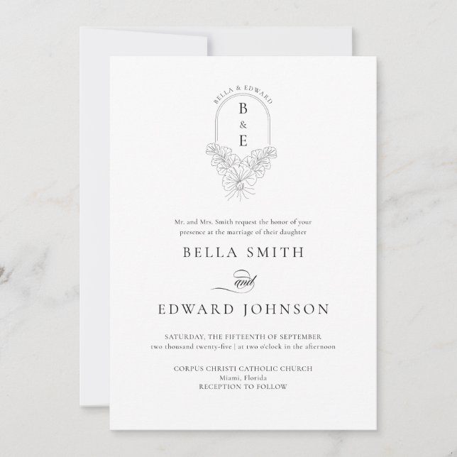 Faire-part de mariage de monogramme blanc noir (Devant)