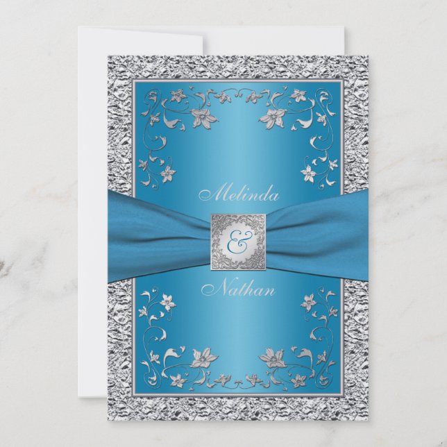 Faire-part de mariage de monogramme bleu et argent (Devant)