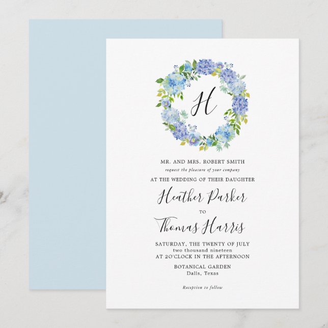 Faire-part de mariage de monogramme floral Blue Hy (Devant / Derrière)