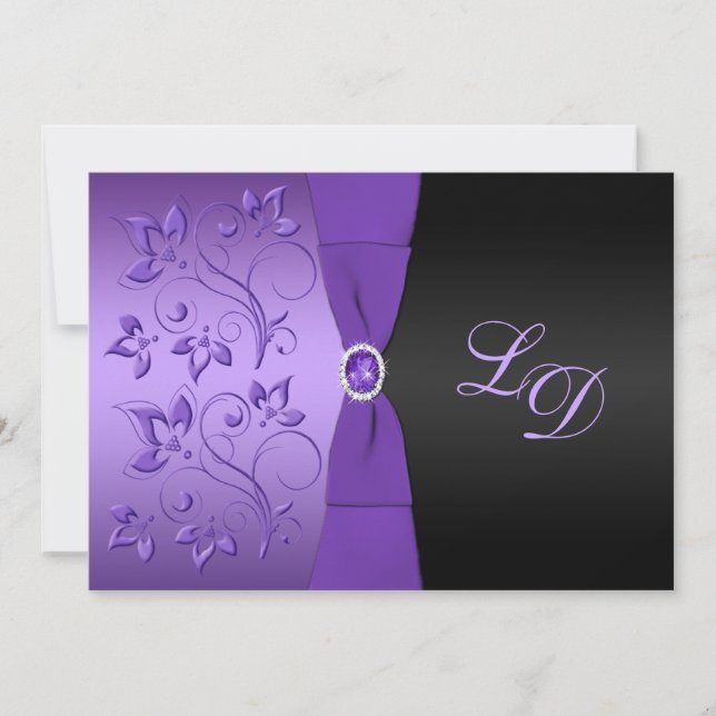 Faire-part de mariage de monogramme floral pourpre (Devant)