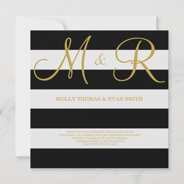 Faire-part de mariage de monogramme noir et or (Devant)