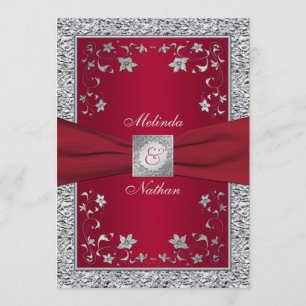 Faire-part de mariage de monogramme rouge, argenté
