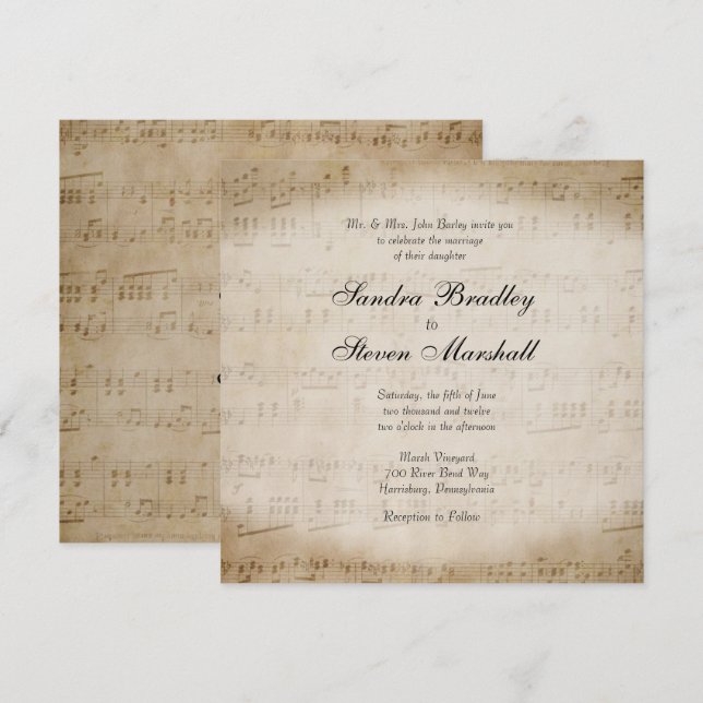 Faire-part de mariage de musique feuille (Devant / Derrière)
