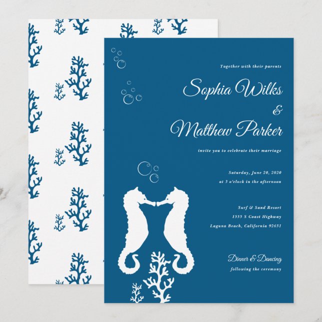 Faire-part de mariage de Navy Blue Seahorse (Devant / Derrière)