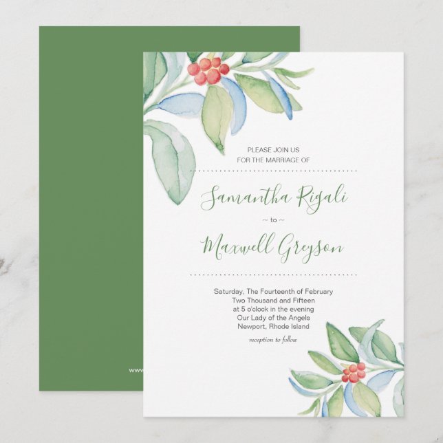 Faire-part de mariage de Noël Aquarelle Verdure (Devant / Derrière)