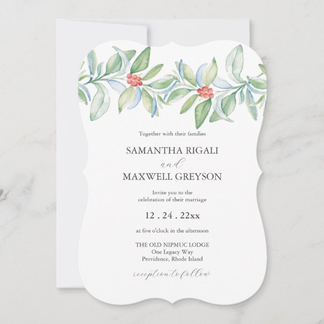 Faire-part de mariage de Noël Aquarelle Verdure (Devant)