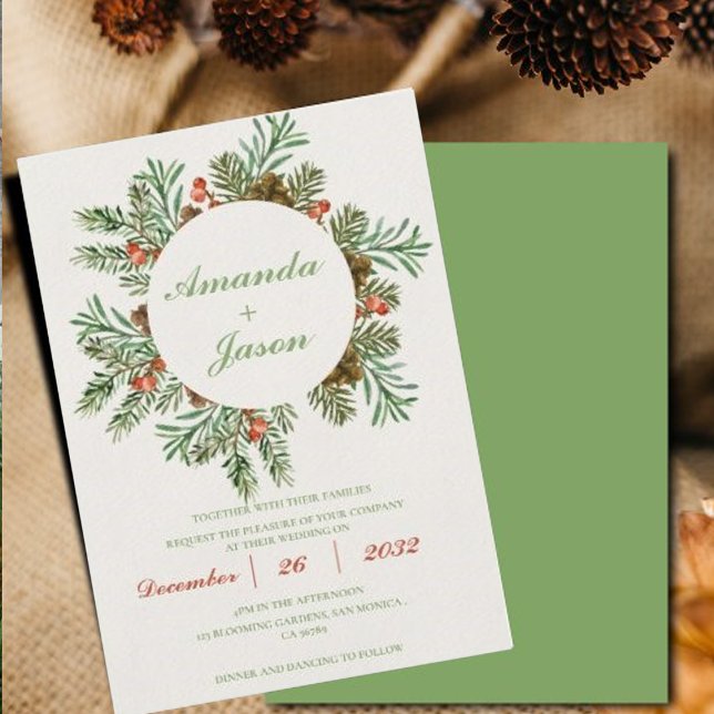 Faire-part de mariage de Noël de Pine Cone aux bai (Red Berries Pine Cone Christmas wedding Invitation)