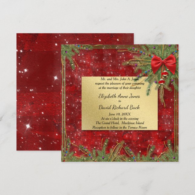 Faire-part de mariage de Noël or et rouge (Devant / Derrière)